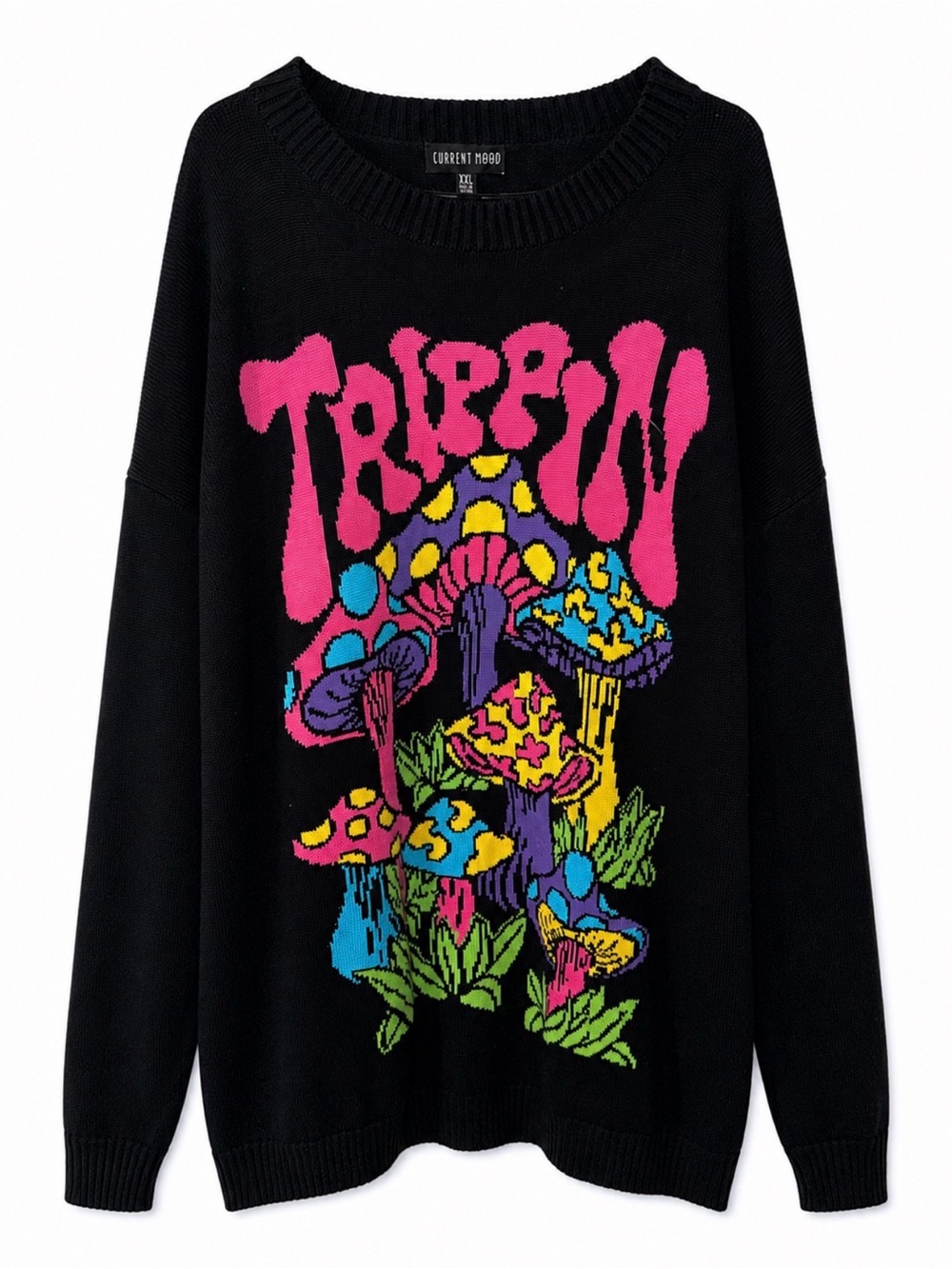 Dolls Kill Black Crewneck Sweater with Neon Mushroom Graphic